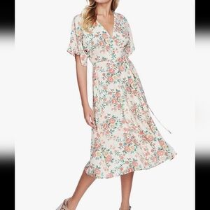 1.State Ikat Bouquet Wrap Flutter Sleeve Soft Ecru Midi Floral Dress | 6